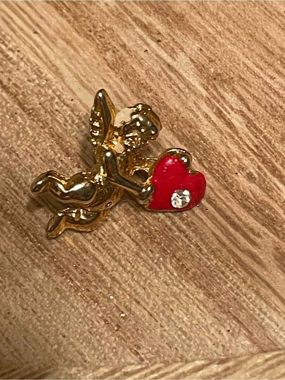 Gold Cupid Brooch with Red Heart Accent